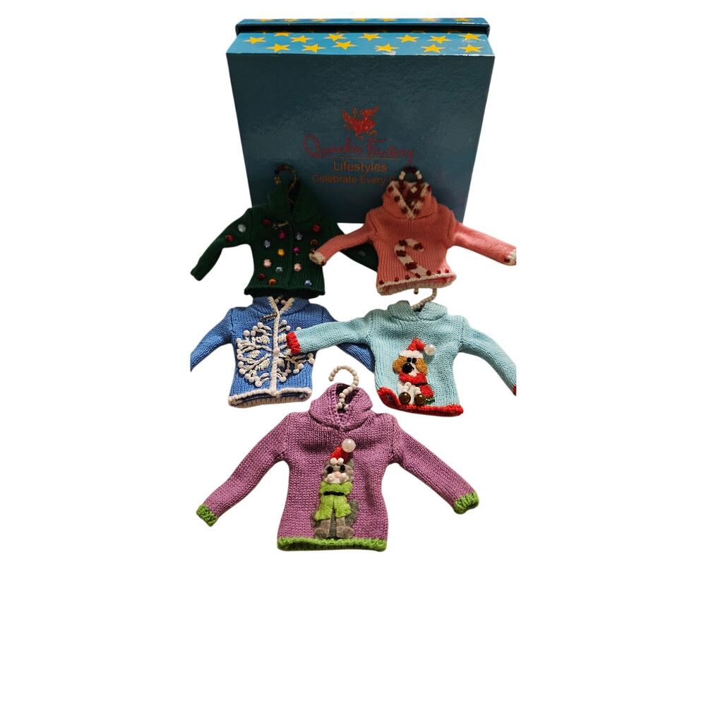QVC Quacker Factory Miniature Beaded  Sweater Ornaments Boxed Set of 5